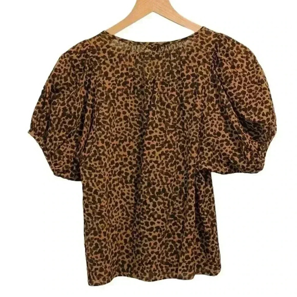 Madewell Leopard Print Button Down Puff Short Sleeve Blouse, Scoop Neck, Sz XXS - Picture 3 of 11
